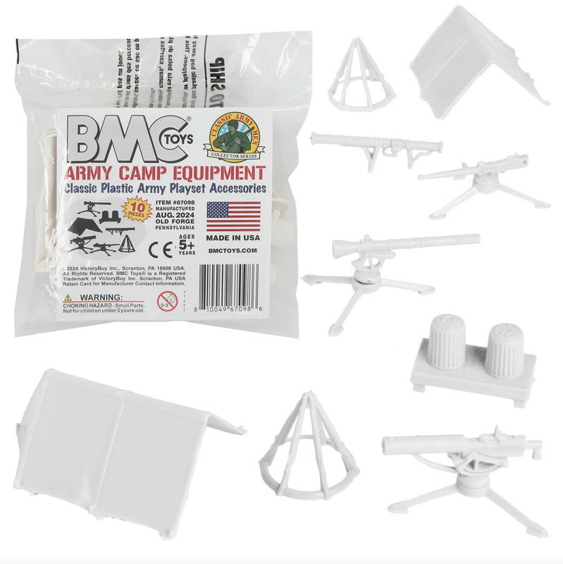 BMC Classic PLASTIC ARMY MEN CAMP EQUIPMENT - White 10pc Tents and Guns