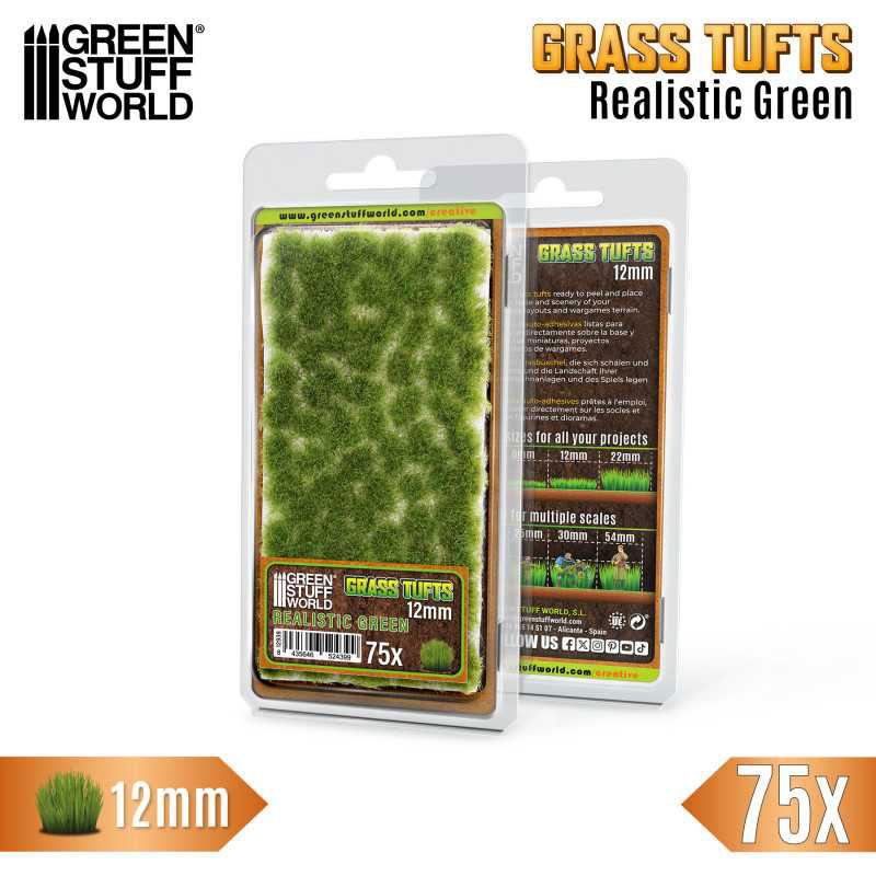 Green Stuff World Static Grass Tufts - 12mm Self Adhesive - Realistic Green